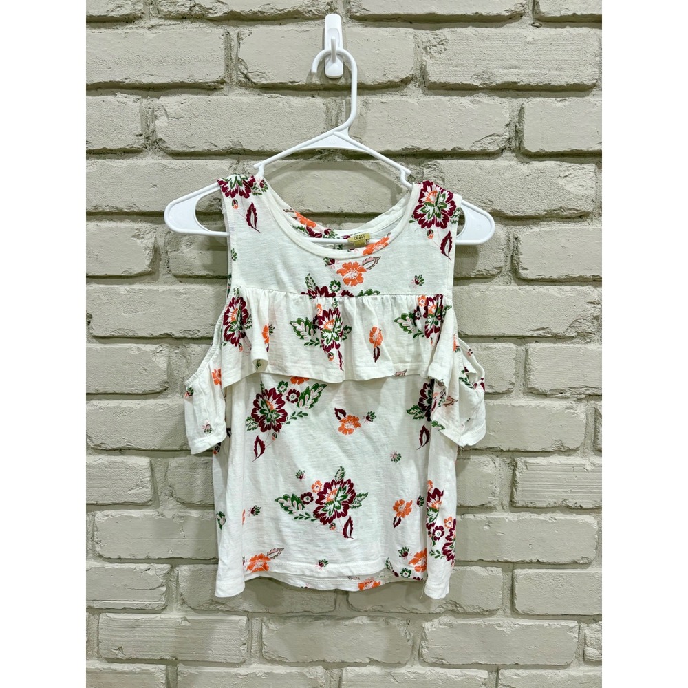 True Craft Womens Junior Small Floral Cold Shoulder Ruffle Top Cream Orange